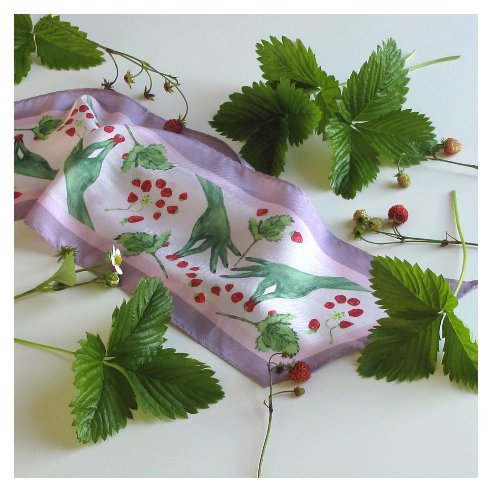 Walmsley and Cole, Green Fingers, Silk Scarf, Amongst strawberries